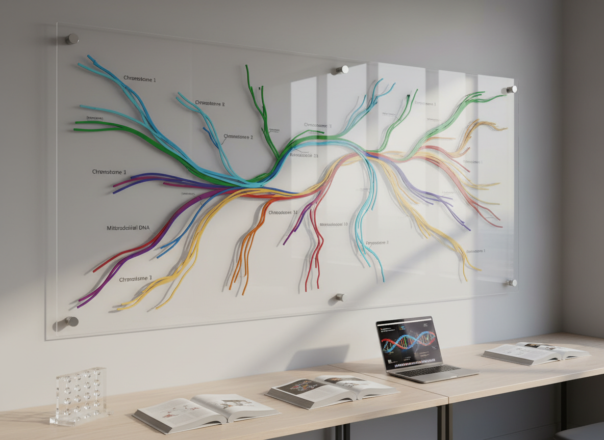 A polished, photographic realism depiction of a large transparent wall chart showing an elegantly simplified human genome map, with brightly colored chromosome bands and clean, legible labels, mounted on a matte light-gray wall in a modern learning space. Below the chart, a long, pale wood table holds open textbooks, a sleek silver laptop showing an animation of DNA replication, and a set of neatly stacked acrylic models of nucleotides. Soft afternoon light streams through an unseen window, casting gentle diagonal shadows across the wall and table, giving subtle warmth to the neutral tones. Shot from a slightly wide, eye-level perspective to capture the full chart and workspace, the composition feels organized, aspirational, and professional, perfect for conveying advanced genomics in a welcoming, student-centered environment without any human presence.