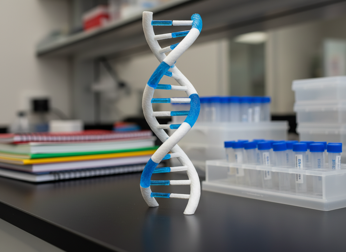 A striking photographic realism macro scene of a 3D-printed DNA double helix model made from matte white and translucent blue resin, its base pairs precisely interlocking, standing upright on a smooth charcoal laboratory bench. Behind it, softly blurred, are color-coded lab notebooks, transparent tip boxes, and a neatly stacked set of PCR tubes in a frosted holder. Directional side lighting from an unseen lamp creates crisp highlights along the twisting helix and deep but soft-edged shadows on the bench, emphasizing three-dimensional depth. Shot from a low angle with the helix rising toward the top of the frame, the composition feels dynamic and inspirational, suggesting the power of molecular biology education and discovery in a modern, professional, student-driven setting.