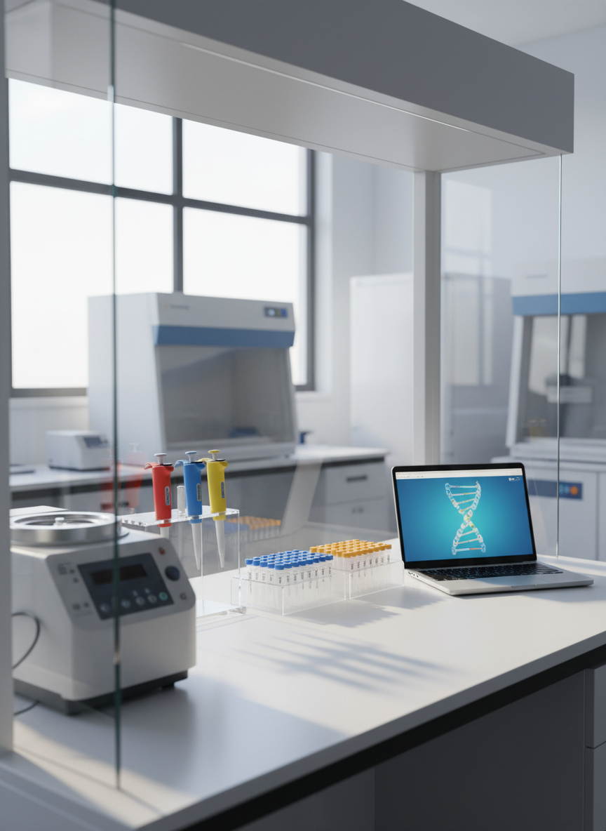 A high-resolution photographic realism scene featuring a sleek, glass-walled molecular biology lab bench covered with well-organized equipment: a polished stainless-steel microcentrifuge, a transparent acrylic pipette stand holding colorful pipettes, neatly labeled microtubes in frosted racks, and an open laptop displaying a bright DNA double helix diagram on a clean interface. The bench sits beneath a wide laboratory window, where soft diffused daylight casts gentle reflections on the glassware and subtle shadows across the matte white work surface. The background is slightly blurred incubators and refrigerators, creating depth without clutter. Shot at eye level with moderate depth of field, the composition feels clean, modern, and professional, evoking curiosity, precision, and an accessible introduction to advanced molecular biology.