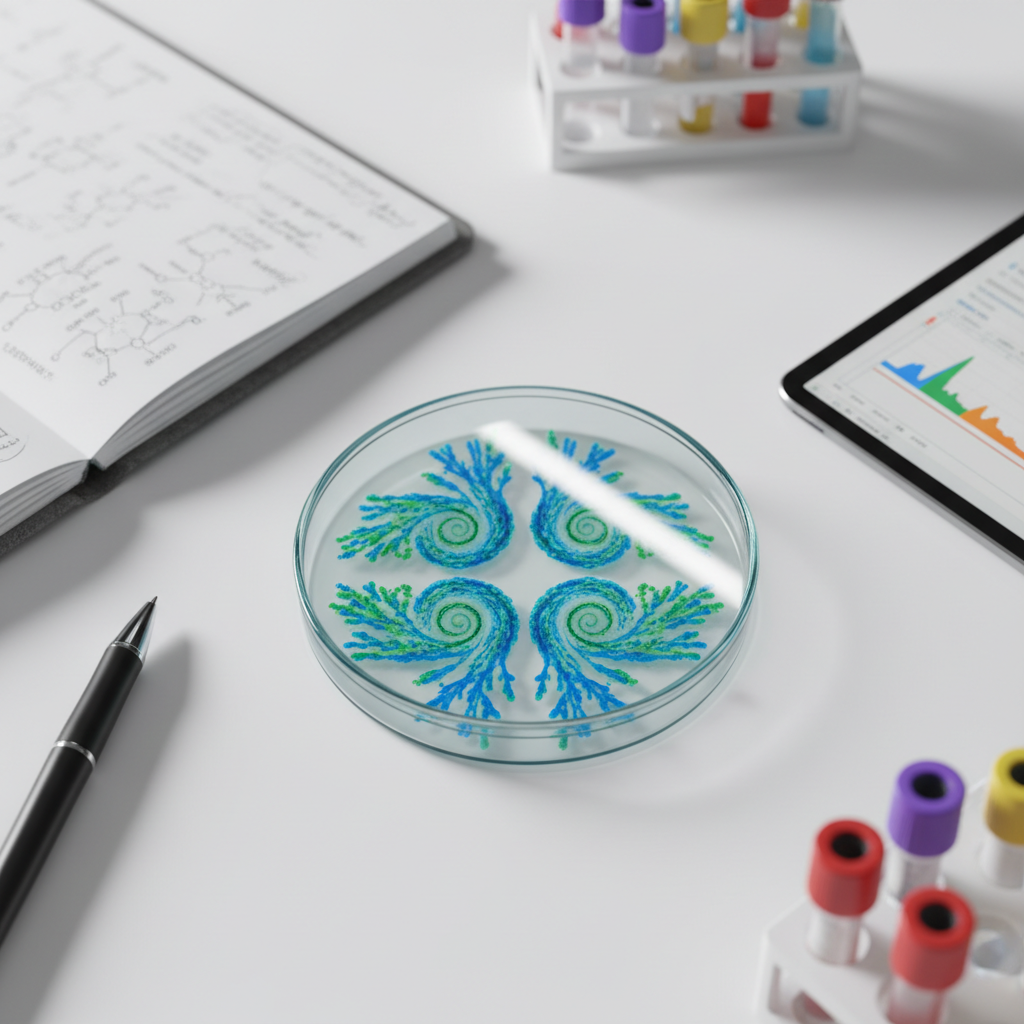A meticulously arranged photographic realism close-up of a transparent petri dish filled with vivid blue and green bacterial colonies forming intricate patterns, resting on a smooth white laboratory countertop. Around it, slightly out of focus, lie color-coded microtubes, a crisp lab notebook with molecular pathway sketches, and a tablet showing a simplified genome browser interface with colored peaks. Overhead LED panel lighting produces bright, even illumination, creating crisp reflections on the petri dish lid and subtle shadows along the pen and notebook. Captured from a slightly elevated angle with shallow depth of field, the petri dish is centered using the rule of thirds, creating a focused, calm, and intellectually engaging atmosphere that highlights the beauty and structure of microbiological growth for educational purposes.